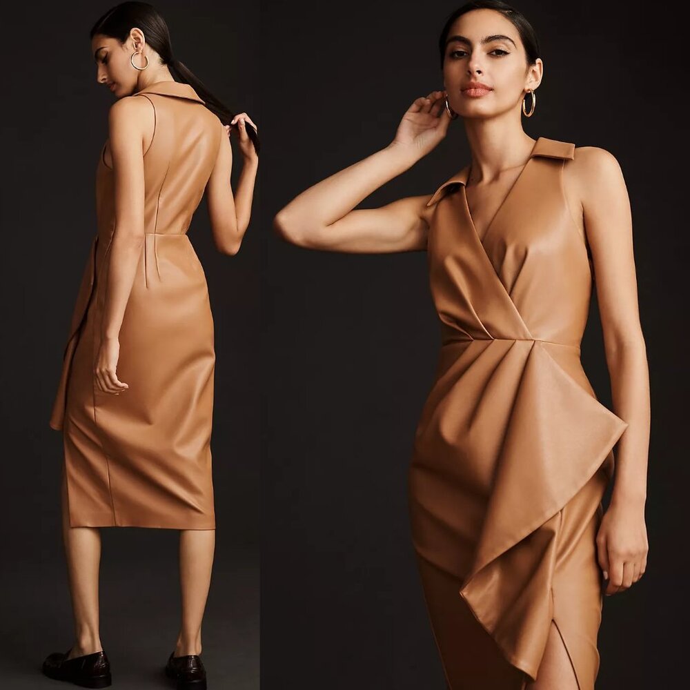 By Anthropologie Faux Leather Sleeveless V-Neck Midi Dress size 10 new nwt cedar - Picture 3 of 6